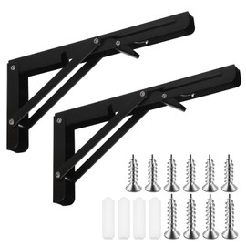 Mardatt 2Pcs 10" Black Folding Shelf Brackets, Heavy Duty Stainless Steel Triangle Shelf Bracket Collapsible Wall Mounted Shelf Bracket with Screws and Anchors Space Saving for Table Work Bench