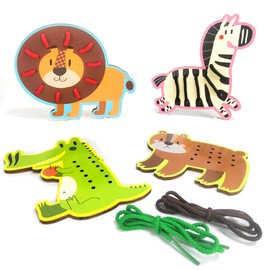 Toddler Threading Toy, 4 Pcs Wooden Lacing Threading Toys Animals Montessori Educational Lacing Toys Toddler Travel Toys Gifts for Boy Girls 2-5 Years Old