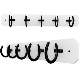 Rustic Wall Mounted Coat Rack With Horseshoe Hooks | 36.5" Large Wooden Hanger (White Plate With Black Hooks)