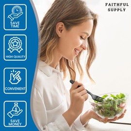 Faithful Supply 50 Black Plastic Silverware Sets, Plastic Ware Utensils Set Heavy Duty w Salt and Pepper Packets, Plasticware, Plastic Cutlery Set Disposable, Wrapped Plastic Cutlery Set with Napkin