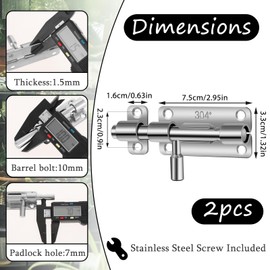 Pack of 2 Stainless Steel Door Latch Small Bolt Lock Sliding Lock Bolt Lock Sliding Bolt Security Door Latch for Bathroom Shed Bedroom (with Screws)