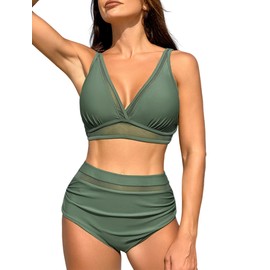 ZAFUL Women's High Waisted Bikini Scoop Neck Swimsuit Two Pieces Bathing Suit Army Green M
