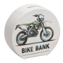 Enduro Motorcycle Money Box with Saying Bike Bank White Light Green Off-Road Machine Perfect for Vehicle Lovers Text in Cool Design