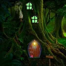 Fairy Door and Window Miniature Summer House with Lamp Room Wall and Trees Outdoor Glow in the Dark Fairies Sleeping Yard Art Garden Sculpture Gift Garden Ornament (Stone Style)
