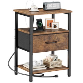 Vagusicc Night Stand, Nightstand with Charging Station, Bed Side Table with Drawer, 3-Tier End Table with Storage Shelf for Living Room, Tall Bedside Table, Rustic Small Nightstand for Bedroom, Brown