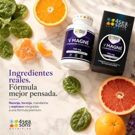 4 Seasons Nutrition | V-MAGNÉ | Multi Magnesio 5 Formas | Gluconato, Citrato, Glicinato, Malato, Taurato | Suplemento Alimenticio | Vegano, Sin Gluten, Sin Azúcar, Sin Soya | 60 Cápsulas
