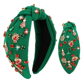 YARIEW Christmas Knotted Headbands for Women Rhinestone Tree Snowflake Jingle Bell Headband for Women Fashion Headband Hair Accessories Christmas Holiday Green