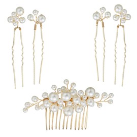 Vaguelly 1 Set Handmade Pearl Bridal Headdress Elegant Hairpins for Weddings Parties Special Occasions Charming Shaped Hair Combs for Women and Golden Design