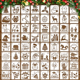 JSRQT 64Pcs Small Christmas Stencils for Painting, Cute Cartoon Christmas Plastic Stencils for Crafts Reusable, 3×3 Inch Assorted Christmas Stencils Template for Wood Sign Wall Decor Card Making