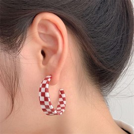coadipress 3 Pairs Checkerboard Hoop Earrings for Women Minimalist C Shaped Checkered Earrings Chunky Simple Colorful Checker Black White Grid Earrrings Lightweight 70s 80s 90s Party Jewelry (Red)