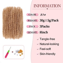 8 Inch Afro Kinky Curly Braiding Hair Bulk for Dreadlock Extensions 3 Packs Marley Twist Hair Bulk for Mini Twist Repair Locs Spring Afro Twist Hair Bulk, 30 g/Pack (27#, 8 Inches)