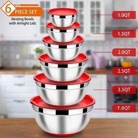 LIANYU Mixing Bowls with Airtight Lids Set of 6, Stainless Steel Nesting Mixing Bowl with Non-slip Bottom, Size 7, 3.5, 2.5, 2, 1.5, 1QT, Large Metal Bowls for Cooking, Baking, Food Storage, Red