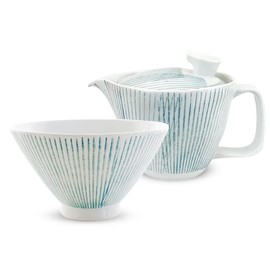 J-kitchens Shozan Kiln Rice Bowl Teapot Set, Hasami Ware, Made in Japan (rice bowl, 4.3 x 2.6 inches (11 x 6.5 cm), Tea Pot 8.5 fl oz (240 ml), Ochazuke Set, With Tea Strainer, Striped, Light Blue