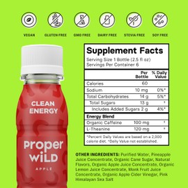 Proper Wild Vegan Energy Shots, with L-Theanine, and Organic Caffeine, Clean Plant Based Energy Drink, Gluten Free, GMO Free, Dairy Free, Stevia Free, Soy Free, Apple, 2.5 Fl Oz, 6 Pack