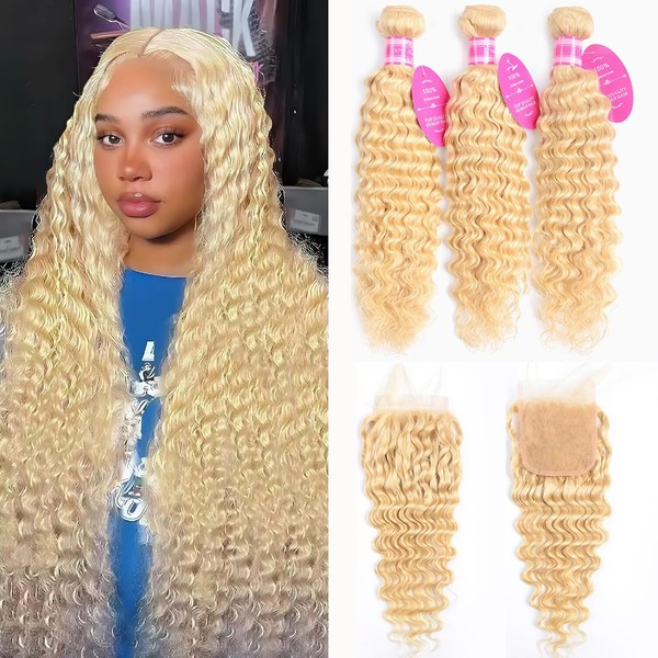 613 Blonde Hair Bundles with Closure 18 20 22+16 Inch
