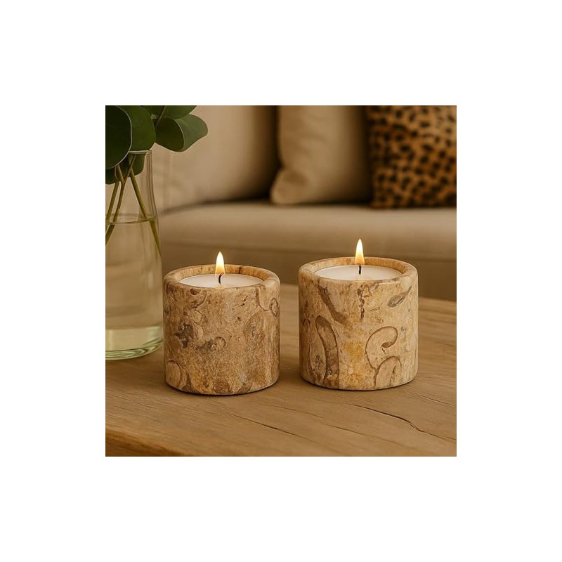Set of 2 Fossilstone Marble Tea Light Holders – 2"