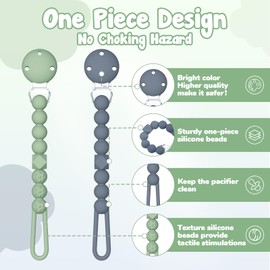 TYRY.HU Silicone Pacifier Holder Clip with One Piece Beads for Baby Boys and Girls, 2 Pack Soft Flexible Rust-Free Binky Clips with Texture, Baby Essentials, Keeps Pacifier Clean, Safe for Newborn