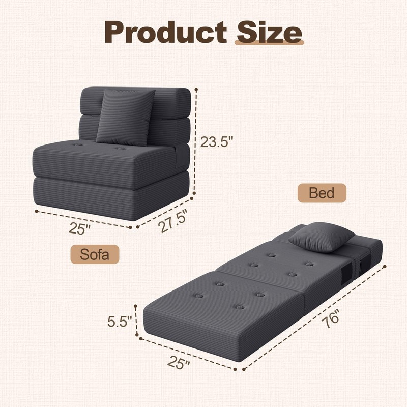 Folding Sofa Bed, One-Piece High-Density Foam Sleeper Chair, Grey, Single
