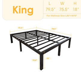 yookare 18 Inch Tall and Strong Platform Metal Bed Frame/Easy Assembly Mattress Foundation/ 4000lbs Heavy Duty Frame with Steel Slat Support/No Noise/No Box Spring Needed, King