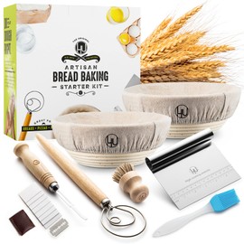 Sourdough Start Kit - Sourdough Bread Baking Supplies with Banneton Bread Proofing Basket Bowl, Cloth, Whisk, Bread Lame, Dough Scraper, 2 Brushes - Sourdough Starter Kit Bread Making & Baking Tools