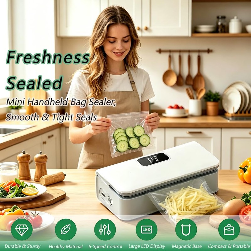 6-Gear Adjustable Mini Bag Sealer, with LED Display, Cutter &