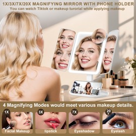 Mocado Makeup Mirror with Lights, 20X/7X/3X Magnifying Mirror with Light,Rechargeable & Height Adjustable Lighted Makeup Mirror,Vanity Mirror with 3 Colors Lights,Detachable Design for Travel(White)
