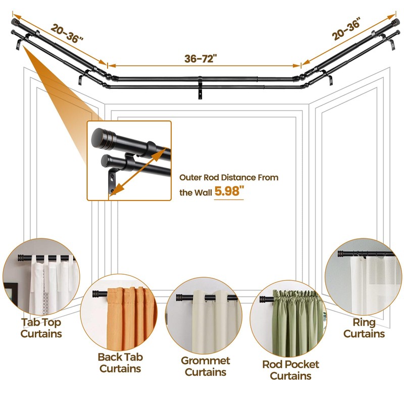 HOTOZON 1 Inch Heavy Duty Double Bay Window Curtain Rod,