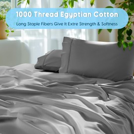 SONORO KATE 100% Egyptian Cotton Sheets Set - 1000 High Thread Count, Luxury 5-Star Hotel Sateen Bed Sheets, Soft, Breathable Long Staple Sheets, Fit up to 16" - 4 PC (Grey,Queen)