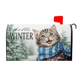 Hello Winter Cat Mailbox Cover Magnetic Standard Size 21"x18" Christmas Cute Cat Mail Box Covers Magnetic Winter Snow Pine Tree Mailbox Wrap Post Letter Box for Seasonal Holiday Outdoor Decoration