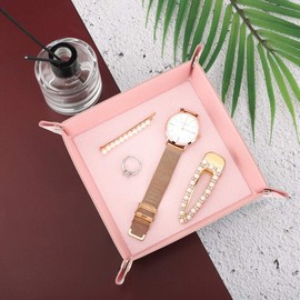 Emibele Valet Tray, Mens Women PU Leather Tray Catchall Tray Desktop Jewelry Storage Tray for Wallet Coin Phone, Key Tray for Entryway Table Bathroom - Pink