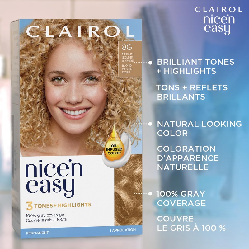Clairol Nice'n Easy Permanent Hair Dye, 8G Medium Golden Blonde