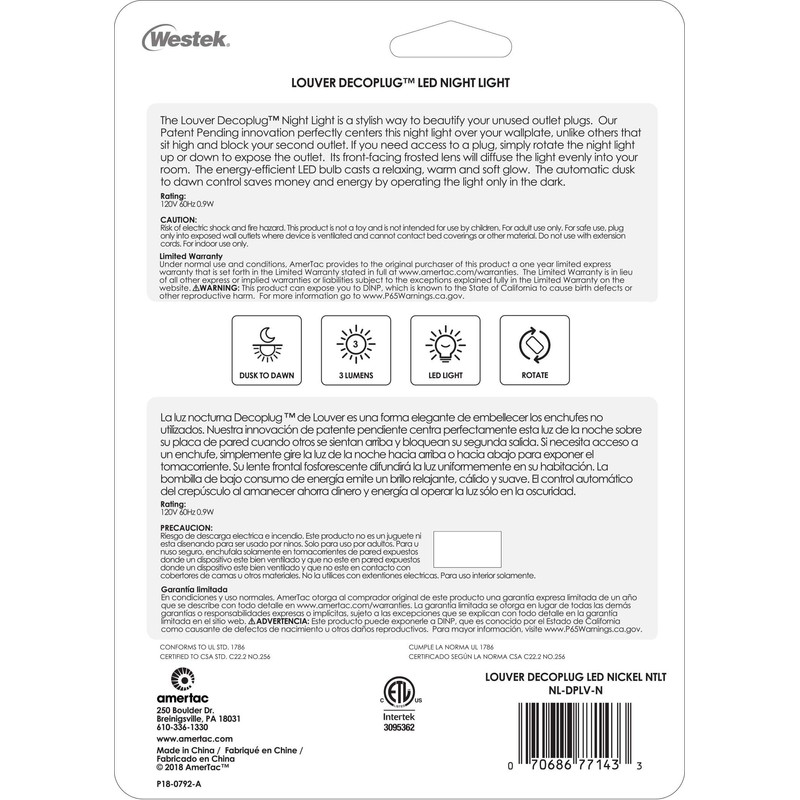 Westek NL-DPLV-N Louver Decoplug Night Light, Satin Nickel