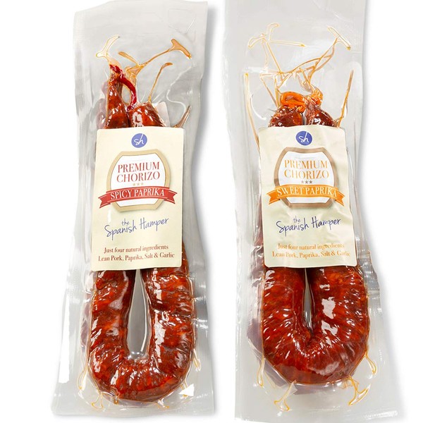 1 x Spicy 280g + 1 x Sweet 280g. Cured Chorizo, 100% natural, free from additives. From La Rioja.