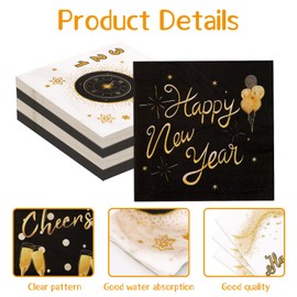 Ceiba Tree Happy New Year Paper Napkins 2026 Disposable Cocktail Beverage Gold and Black Napkins for New Year Eve Party Supplies Decorations Table Decor 48Pcs