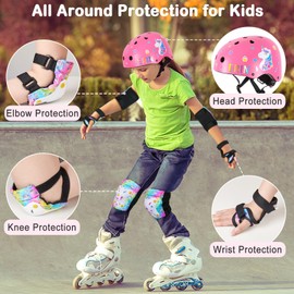 FIODAY Kids Bike Helmet, Toddler Helmet Knee and Elbow Pads Wrist Guards Adjustable Protective Gear Set with DIY Sticker for Girls 3-5-8 Years for Skateboard Inline Skating Scooter