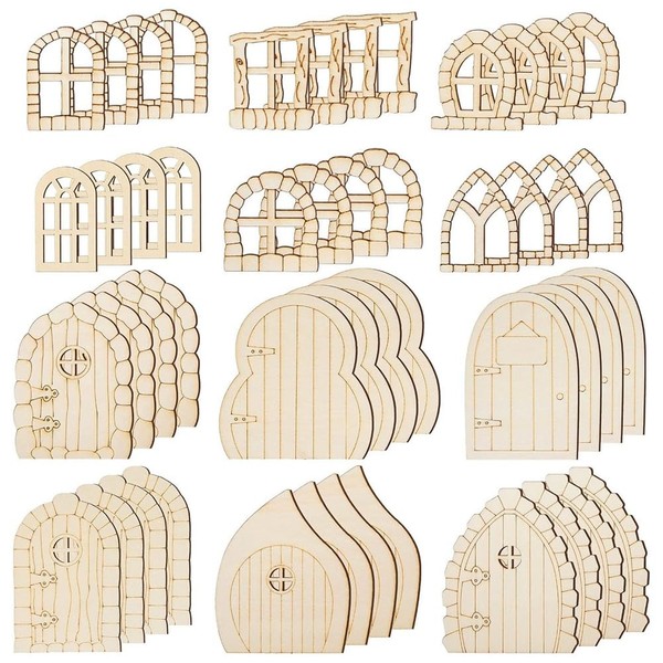 Elantoexis 48 Pcs Fairy Door Wooden Garden Doors Craft Mini
