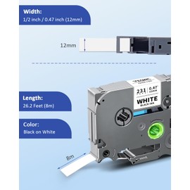Tze Colored Label Maker Tape Compatible for Brother P Touch TZe-131 TZe231 TZe431 TZe-531 TZe-631 TZe-731 1/2" 12mm 0.47 Laminated TZ Color Refills Work for PT-D220 PT-D210 PT-H110 PT-1880 PT-D400