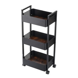 CHPHI 3 Tier Rolling Utility Cart Organizer, Stable and Sturdy Black Rolling Storage Carts with 2 Lockable Wheels,Perfect for Bathroom, Kitchen, Snack, Craft, Makeup, Baby Essentials