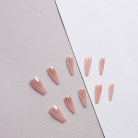 Melines 30pcs Gradient Chrome Medium Square Press On Nails, Reusable Nail Kit with Nail Adhesive Tabs Mini Nail File, 15 Sizes (Soft Salmon)