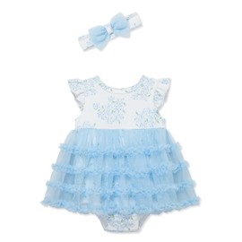 Little Me Clothes for Baby Girls' Hydrangea Popover with Headband, Ice Water/Bright White, 12 Months