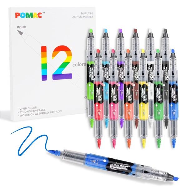 POMAC Dual-Tip Acrylic Markers, 12 Pack Art Drawing Acrylic Markers