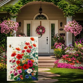 Spring Bee Red Geranium Garden Flag 12x18 Inch Double Sided Welcome Summer Colorful Flower Floral Yard Outdoor Flag House Holiday Outside Decoration