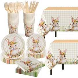 Easter Party Supplies Decorations,147 Pcs Disposable Easter Tableware Set,Easter Themed Dinnerwares with Rabbit Plastic Tablecloth Knives Fork,Paper Plates Napkin Cups for Easter Decorations,Birthday