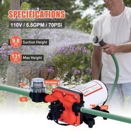 Four Chambers On Demand 110V Water Pressure Pump 5.5GPM 70PSI,Self Priming RV Fresh Water Diaphragm Pump Included Garden Hose for Home Industrial Irrigation Sprinkler