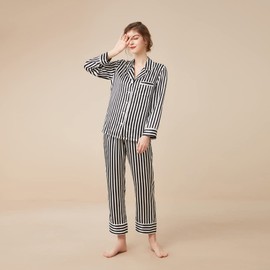 THXSILK Silk Women's Pajama 2-Piece Set, 6A Pure Mulberry Silk Soft Luxury Large Size V Neck Black Striped Long Sleeve Tops Nightwear with Long Pants