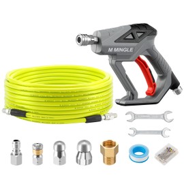 M MINGLE Sewer Jetter Kit for Pressure Washer 50 FT, Drain Cleaner Hose with Power Washer Gun, 1/4 Inch NPT Corner Rotating and Button Nose Sewer Jetting Nozzle, Orifice 4.0, 4.5