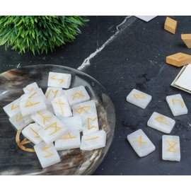FASHIONZAADI Natural Clear Quartz Rune Stones with Futhark Rune Alphabet Rectangle Stone Rune Words for Crystal Reiki Healing Fortune Telling Spiritual Gift Set Size 15-20mm