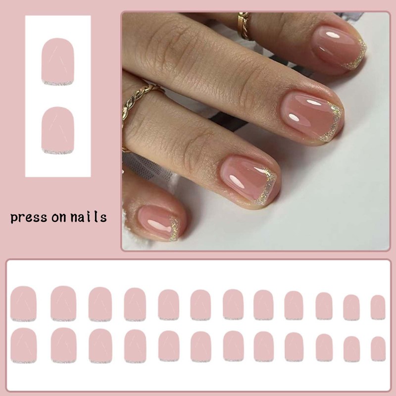 Hkanlre Gold French Short Fake Square Nails Tips Press on