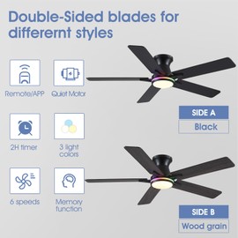 Goniyado 52" RGB Ceiling Fans with Lights and Remote/APP,Black Low Profile Ceiling Fans with Quiet Reversible DC Motor,Modern Flush Mount Ceiling Fan Light for Bedroom Kids Room
