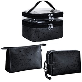 Mikytoper Makeup Bags 3 PCS, Double Layer Cosmetic Bag + 2 Make Up Bags with Diamond Pattern, Travel Toiletry Bags for Men and Women (Black)